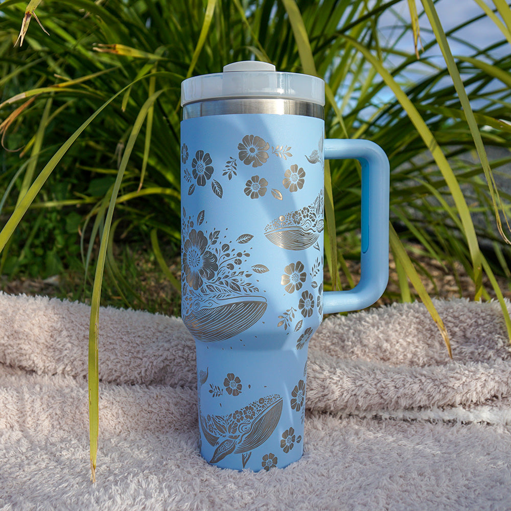 Refresher 1.2L Insulated Tumbler with Handle and Straw - Full Wrap FLORAL WHALE