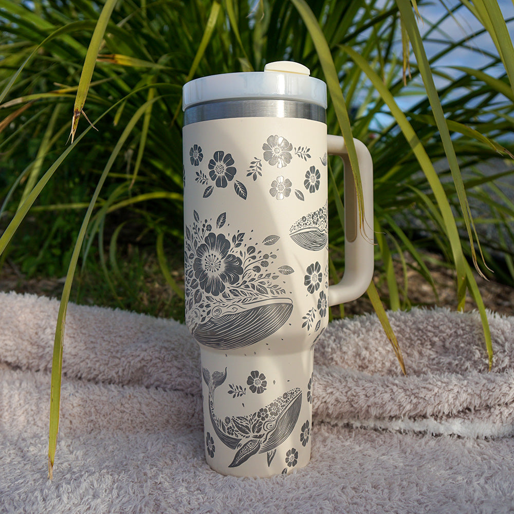 Refresher 1.2L Insulated Tumbler with Handle and Straw - Full Wrap FLORAL WHALE