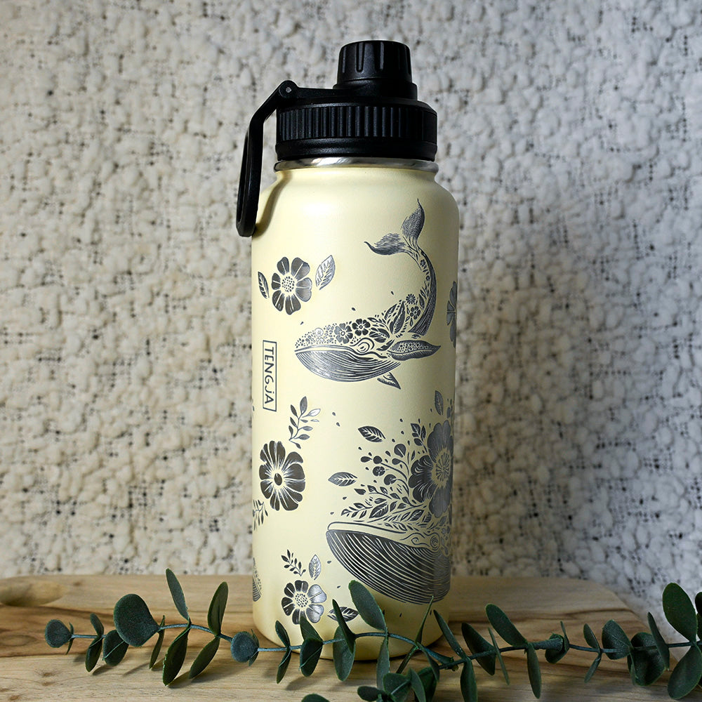 1L Insulated Water Bottle Full Wrap - FLORAL WHALE