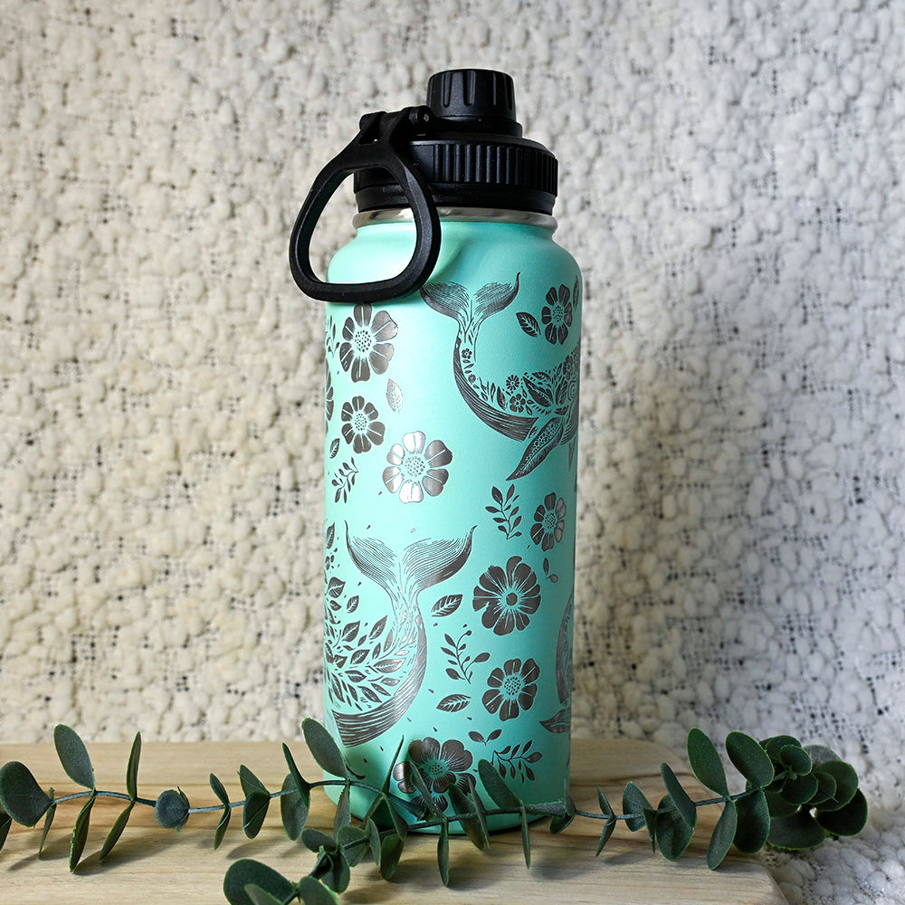 1L Insulated Water Bottle Full Wrap - FLORAL WHALE