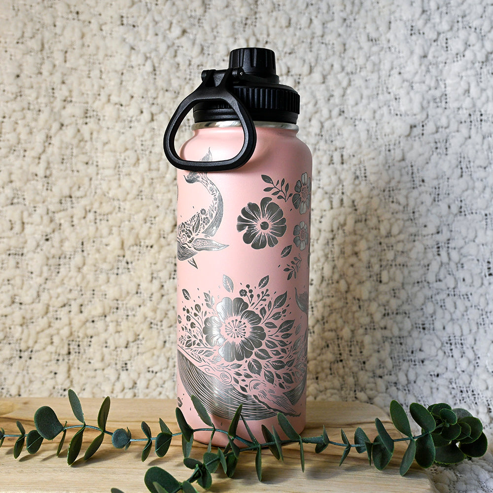1L Insulated Water Bottle Full Wrap - FLORAL WHALE