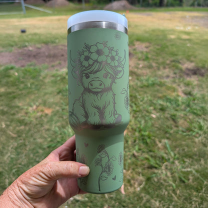 Refresher 1.2L Insulated Tumbler with Handle and Straw - Full Wrap HIGHLAND COW