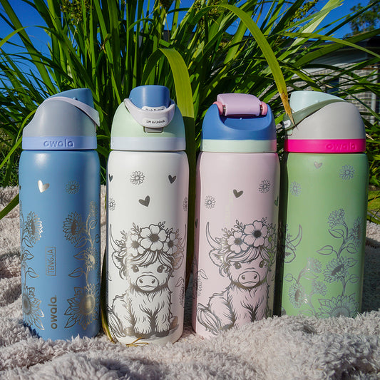 1L Owala Style Water Bottle-Highland Cow-Laser Engraved-Full Wrap