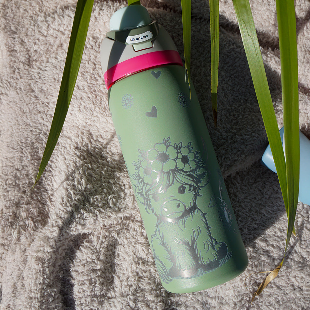1L Owala Style Water Bottle-Highland Cow-Laser Engraved-Full Wrap