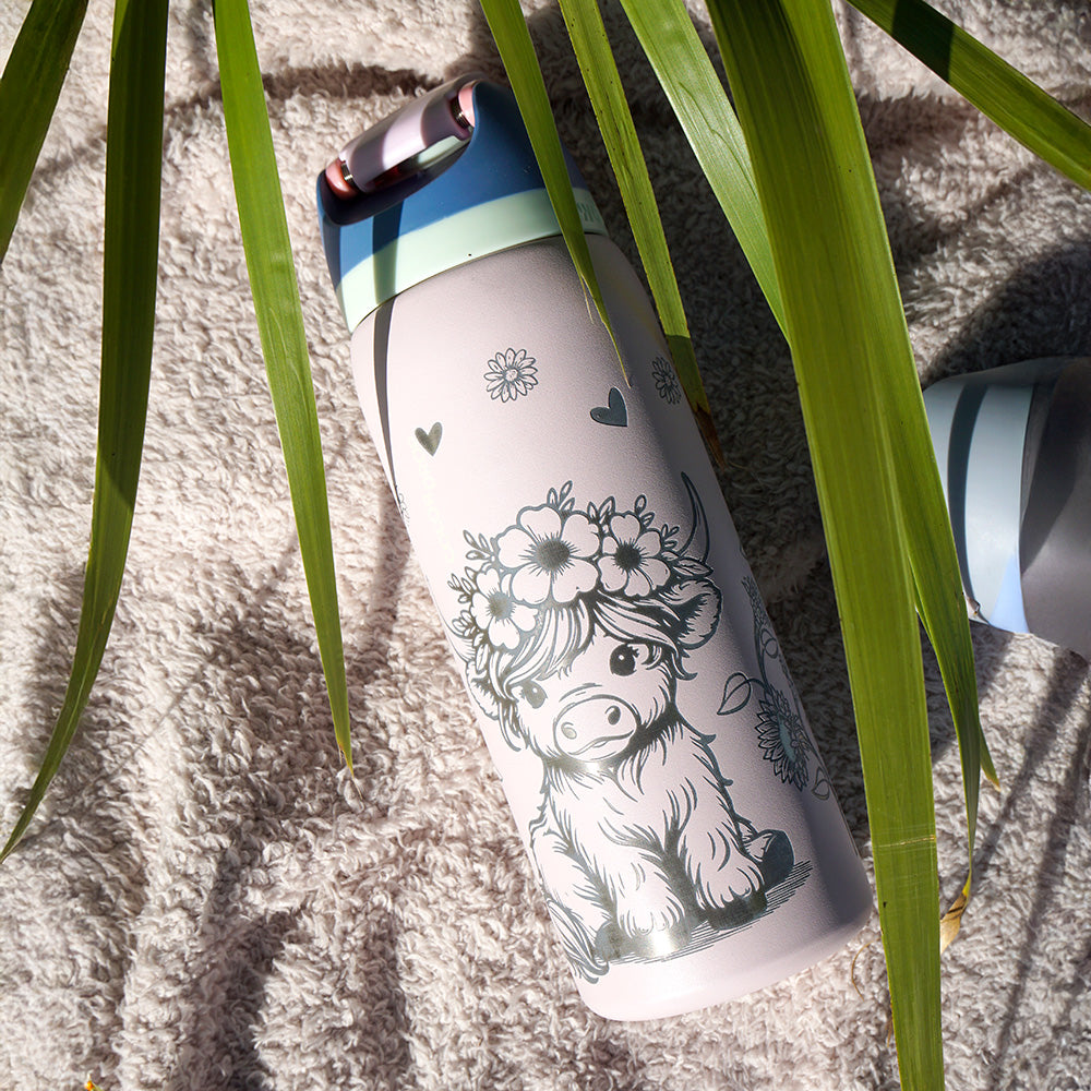 1L Owala Style Water Bottle-Highland Cow-Laser Engraved-Full Wrap