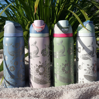 1L Owala Style Water Bottle-Floral Whale-Laser Engraved-Full Wrap