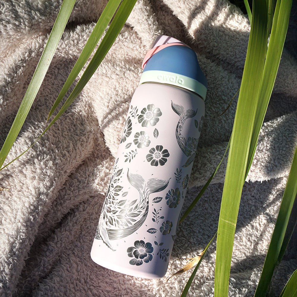 1L Owala Style Water Bottle-Floral Whale-Laser Engraved-Full Wrap