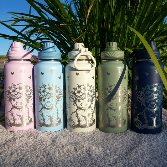 1L Insulated Water Bottle Full Wrap - HIGHLAND COW