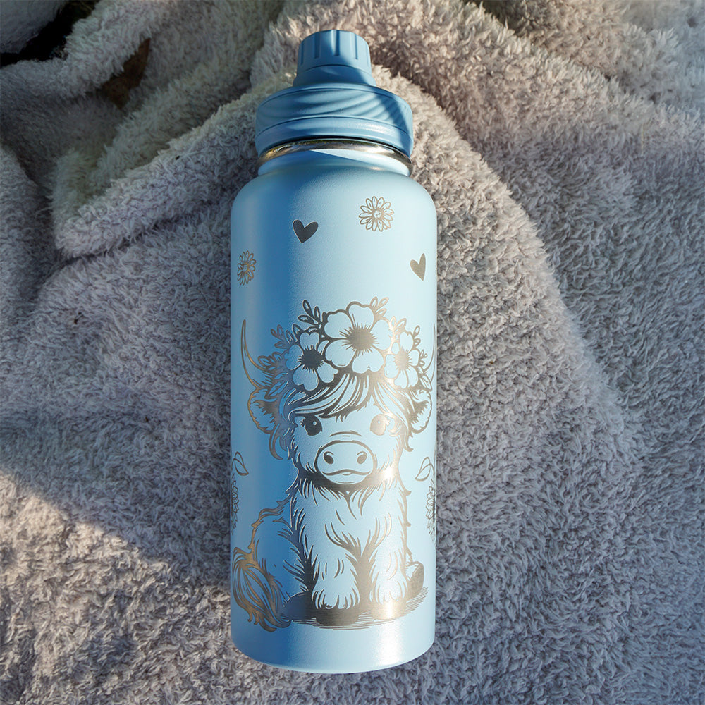 1L Insulated Water Bottle Full Wrap - HIGHLAND COW