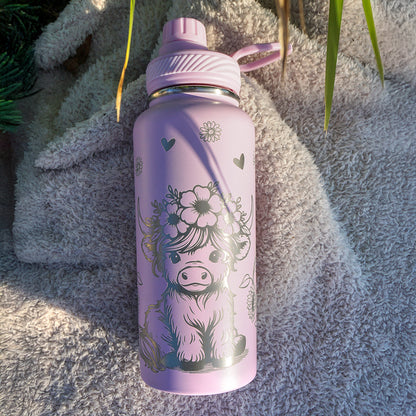 1L Insulated Water Bottle Full Wrap - HIGHLAND COW