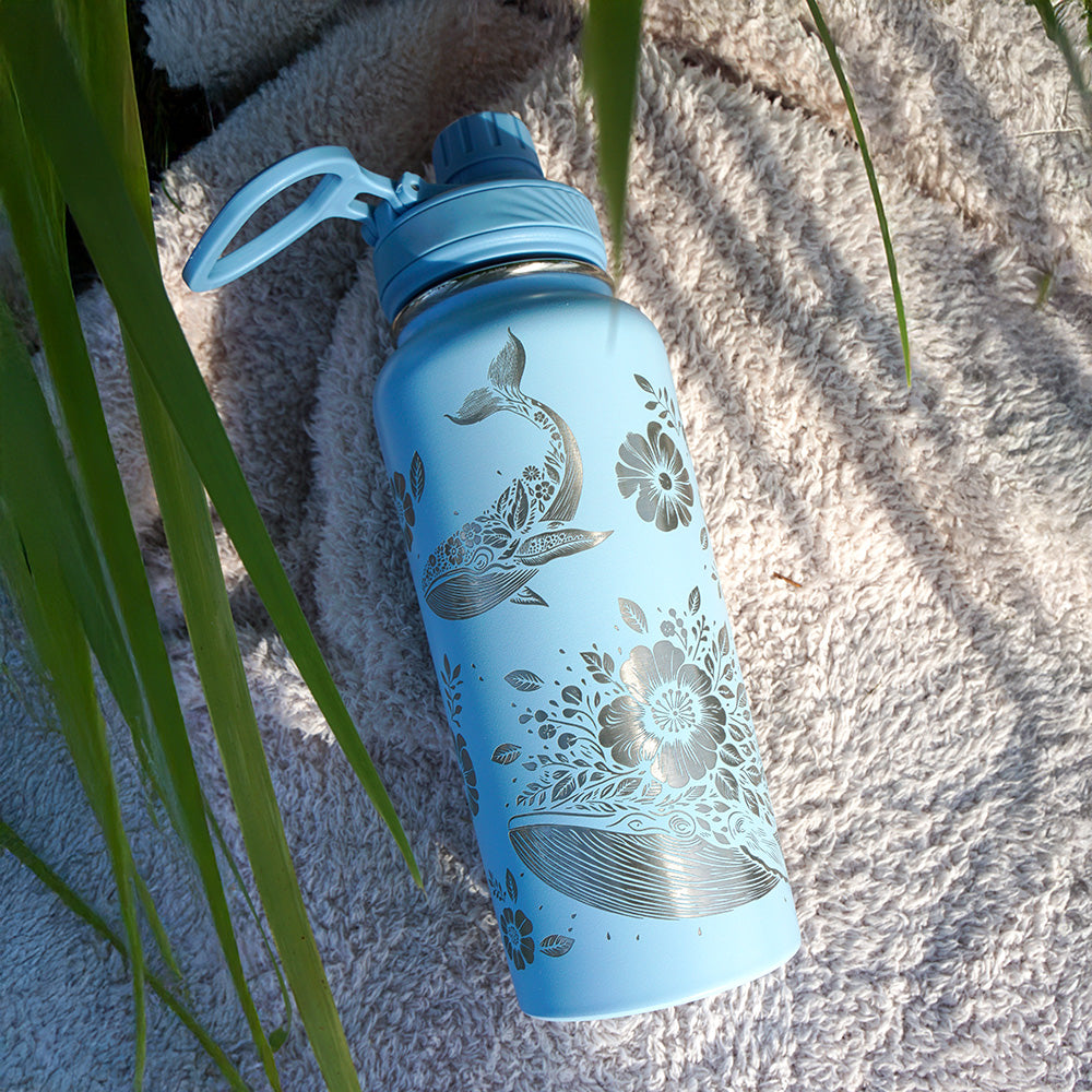 1L Insulated Water Bottle Full Wrap - FLORAL WHALE