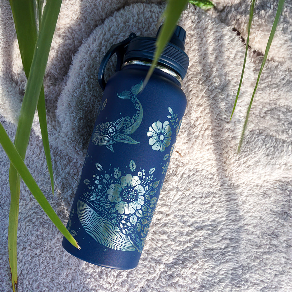 1L Insulated Water Bottle Full Wrap - FLORAL WHALE