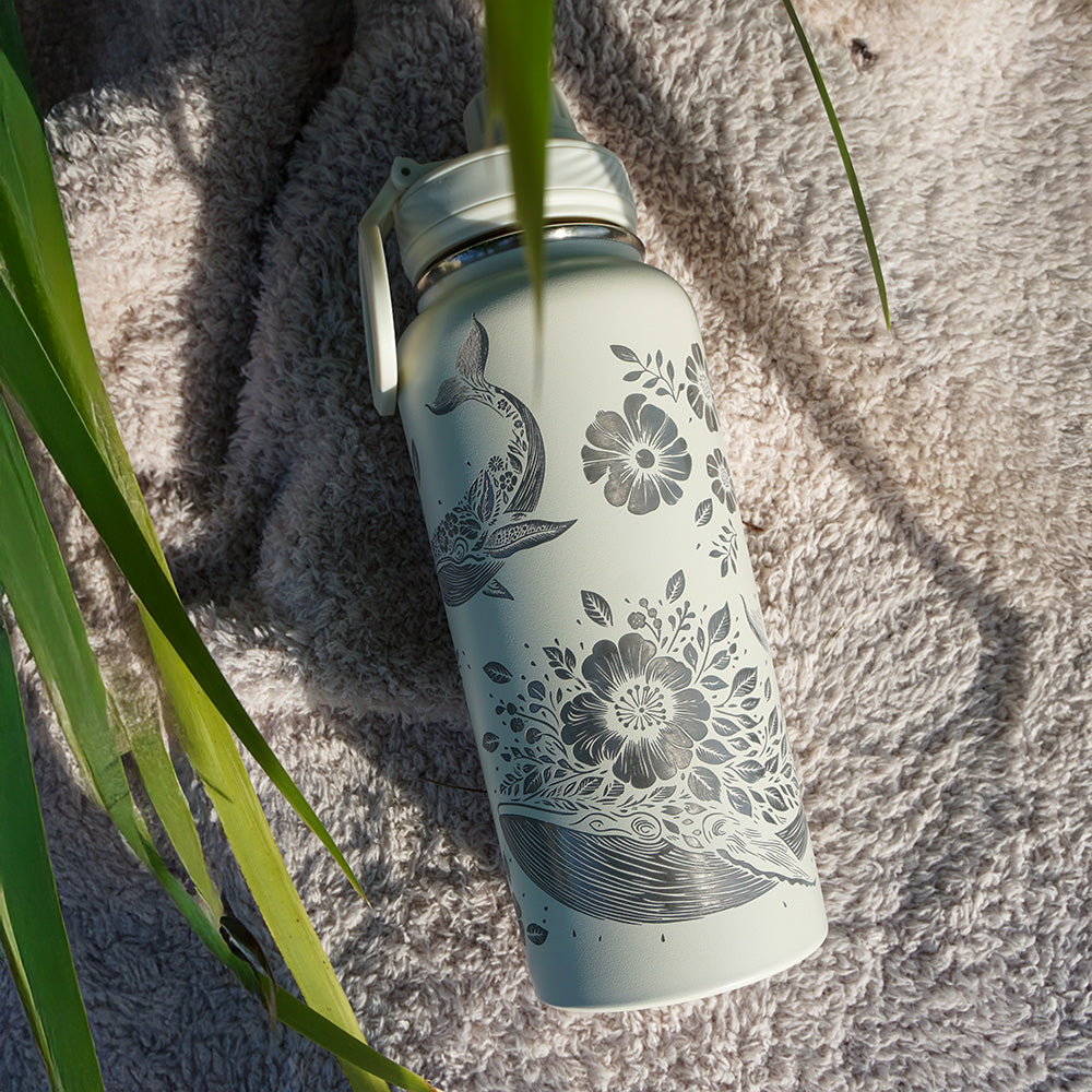 1L Insulated Water Bottle Full Wrap - FLORAL WHALE