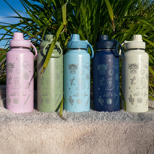 1L Insulated Water Bottle - Full Wrap - WILD & FREE