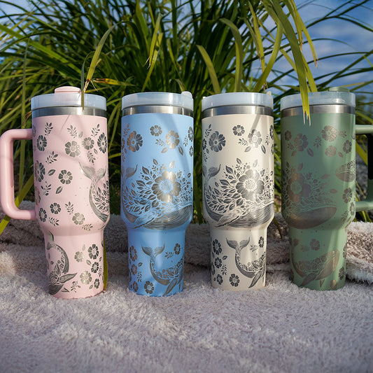 Refresher 1.2L Insulated Tumbler with Handle and Straw - Full Wrap FLORAL WHALE