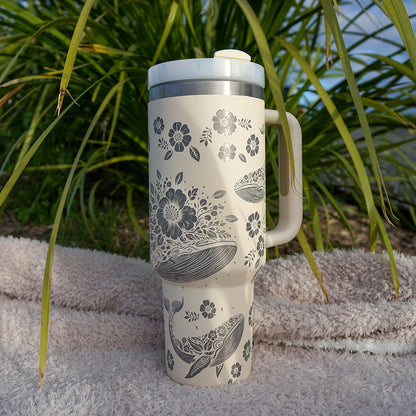 Refresher 1.2L Insulated Tumbler with Handle and Straw - Full Wrap FLORAL WHALE