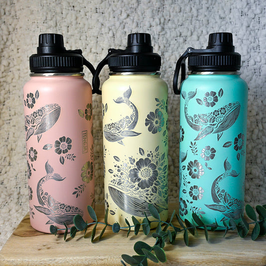 1L Insulated Water Bottle Full Wrap - FLORAL WHALE